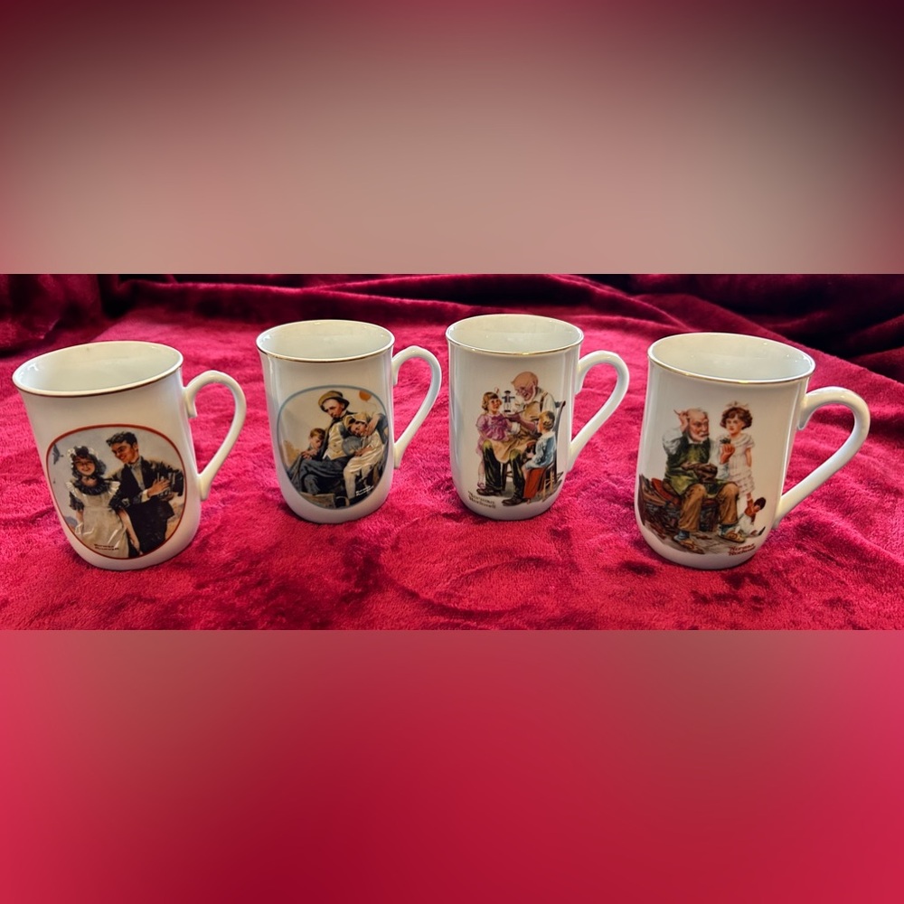 Norman Rockwell Museum Coffee Mugs, Cups White / Gold Trim Set of 4 Vintage 1982